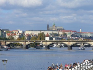 View of The Prague Castle from Vyšehrad railway bridge at Výtoň View of The Prague Castle from Vyšehrad railway bridge at Výtoň